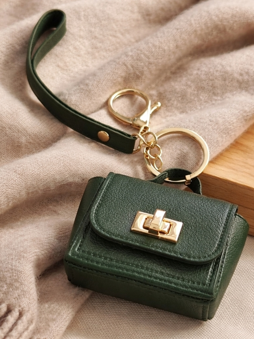 Source Unknown Dark Green Mini Bag Keychain with Gold Hardware